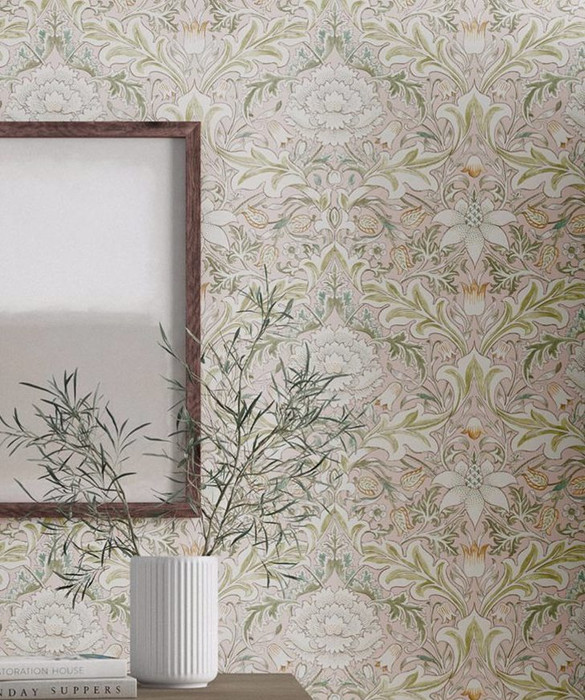 Large Scale Damask Acanthus Leaves Pink Willow Green Wallpaper