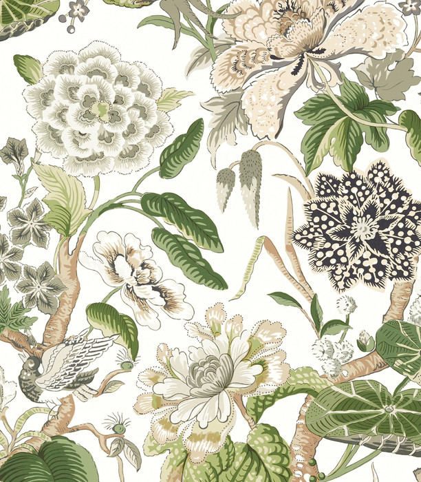 Bright Floral Blooms Perched Birds Ivory Green Wallpaper | Thibaut