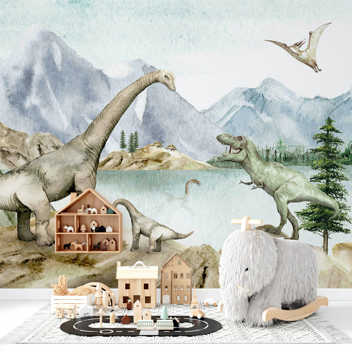 Watercolour Paint Dinosaur Wallpaper Wall Mural | Kikki Belle