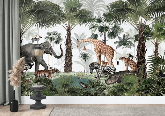 Kingdom Animals Tropical Palms Jungle Wallpaper Wall Mural | Kikki Belle