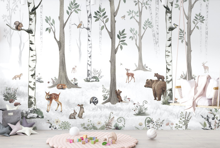 Scandinavian Style White Forest Animals and Trees Wallpaper Mural | Kikki  Belle