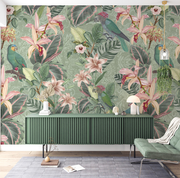 Mural - Tropical Birds Green (Per Sqm)