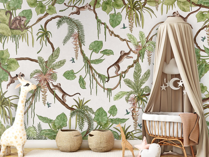 Mural - Playful Monkeys White (Per Sqm)