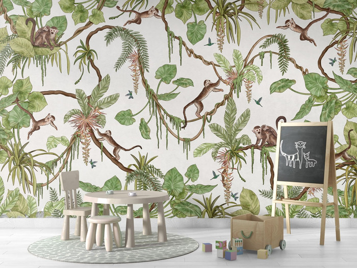 Mural - Playful Monkeys White (Per Sqm)