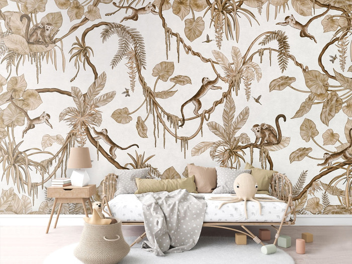 Mural - Playful Monkeys Vintage White (Per Sqm)