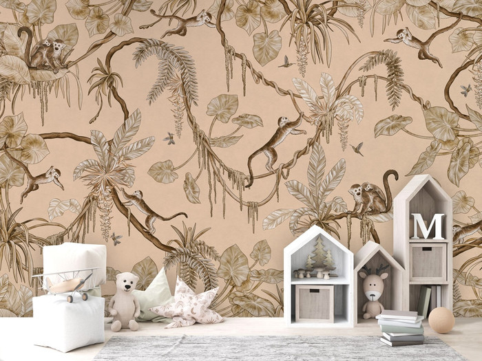 Mural - Playful Monkeys Vintage Beige (Per Sqm)