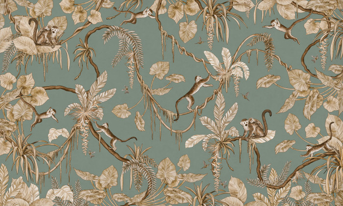 Mural - Playful Monkeys Vintage Green (Per Sqm)