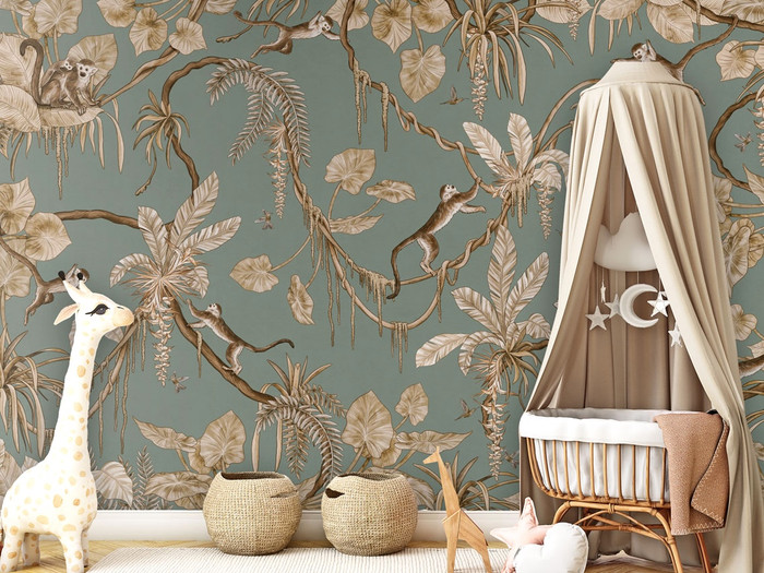Mural - Playful Monkeys Vintage Green (Per Sqm)
