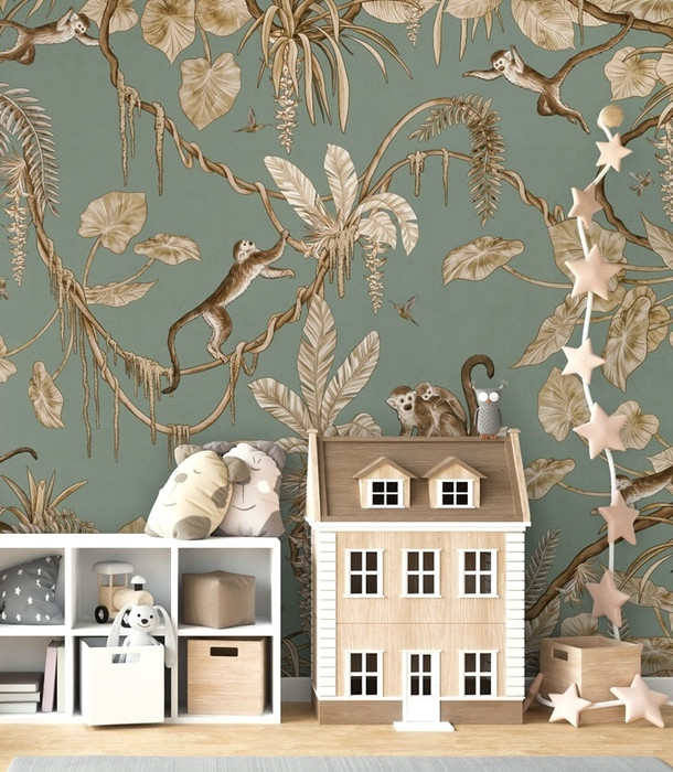 Mural - Playful Monkeys Vintage Green (Per Sqm)