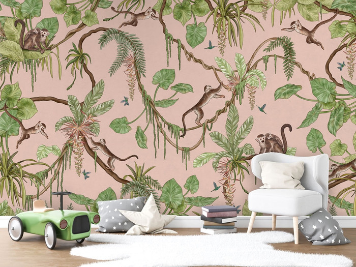 Mural - Playful Monkeys Pink (Per Sqm)