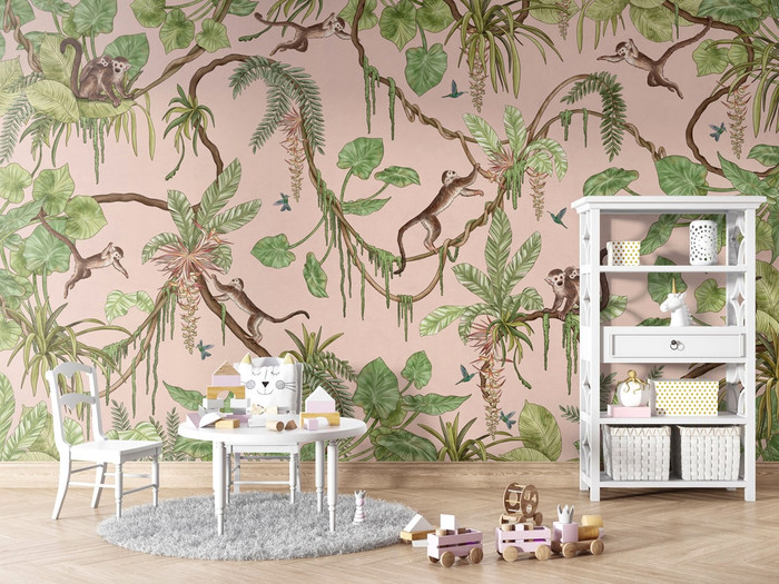 Mural - Playful Monkeys Pink (Per Sqm)