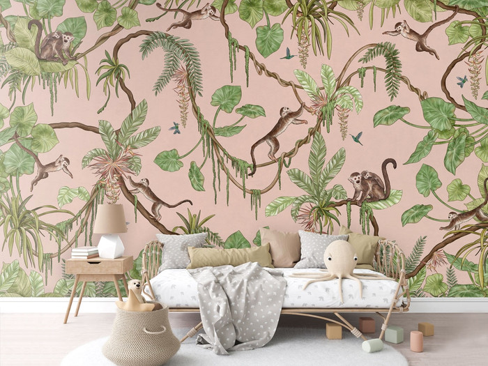 Mural - Playful Monkeys Pink (Per Sqm)