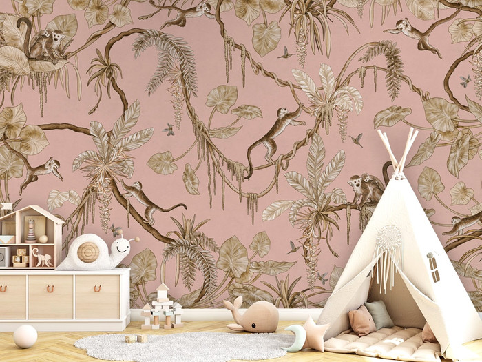 Mural - Playful Monkeys Vintage Pink (Per Sqm)