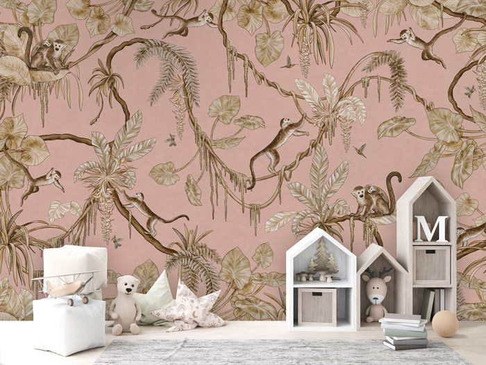 Mural - Playful Monkeys Vintage Pink (Per Sqm)