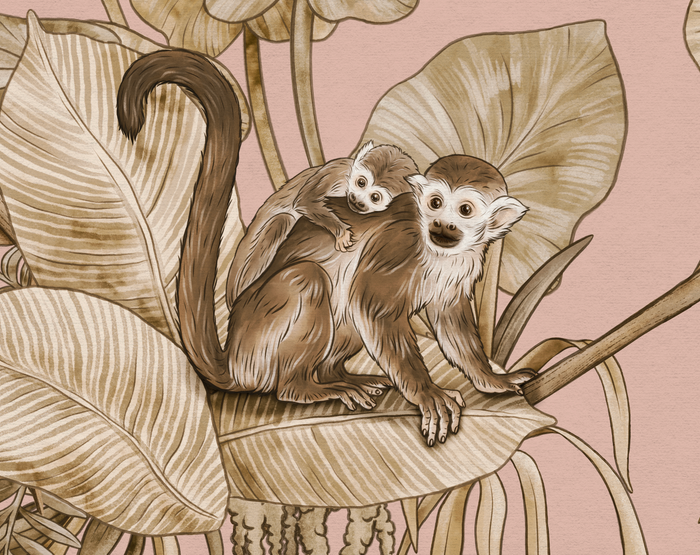 Mural - Playful Monkeys Vintage Pink (Per Sqm)