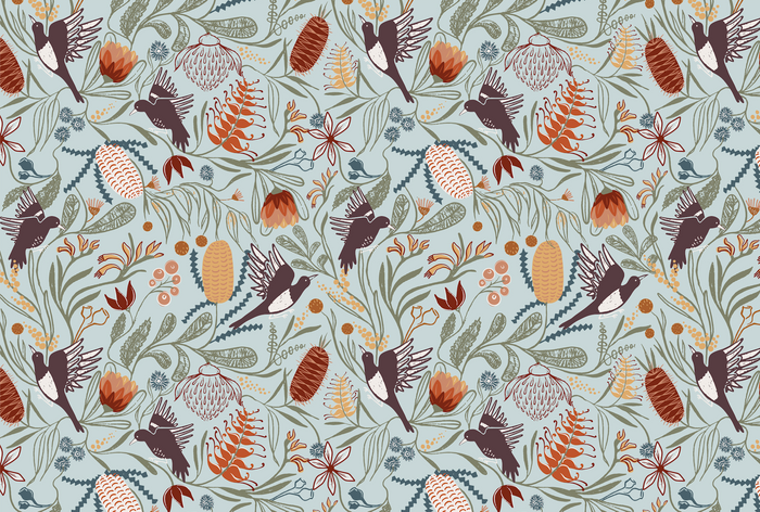 Mural - Magpie Floral Blue (Per Sqm)