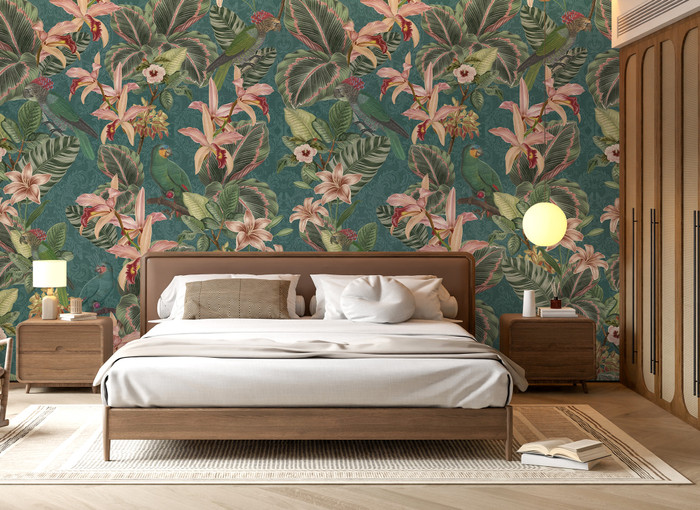 Mural - Tropical Birds Teal (Per Sqm)
