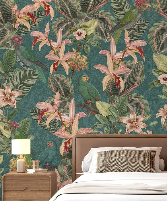 Mural - Tropical Birds Teal (Per Sqm)
