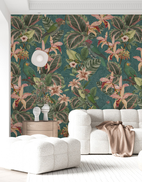 Mural - Tropical Birds Teal (Per Sqm)