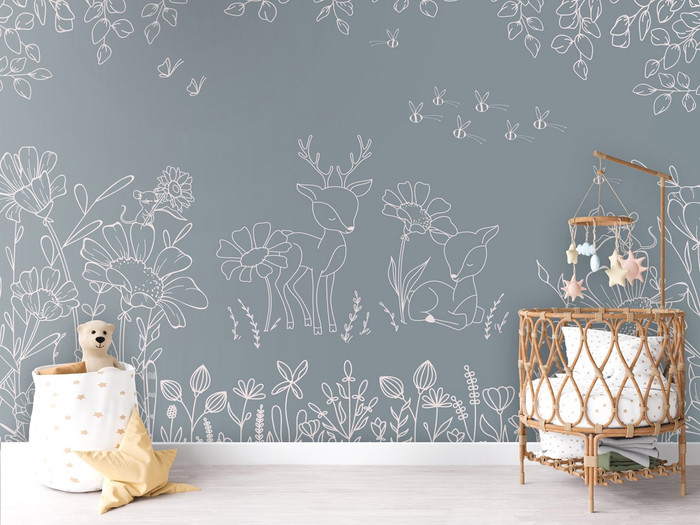 Mural - Deer Doodle Blue (Per Sqm)