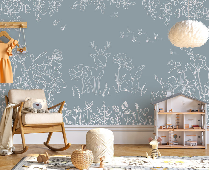 Mural - Deer Doodle Blue (Per Sqm)