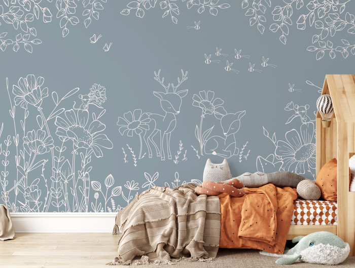 Mural - Deer Doodle Blue (Per Sqm)
