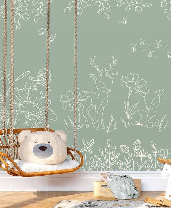 Mural - Deer Doodle Green (Per Sqm)