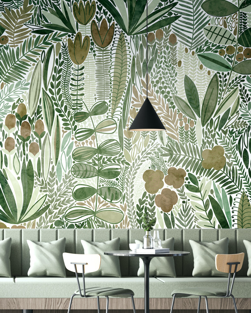 Mural - Tropic Flowers Green Sepia (Per Sqm)