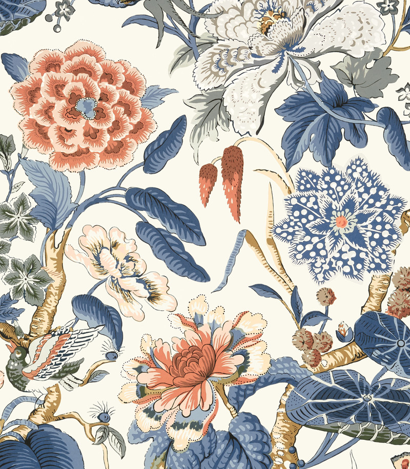 Bright Floral Blooms Perched Birds Ivory Green Wallpaper | Thibaut