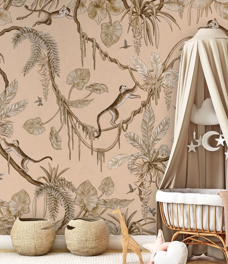 Mural - Playful Monkeys Vintage Beige (Per Sqm)