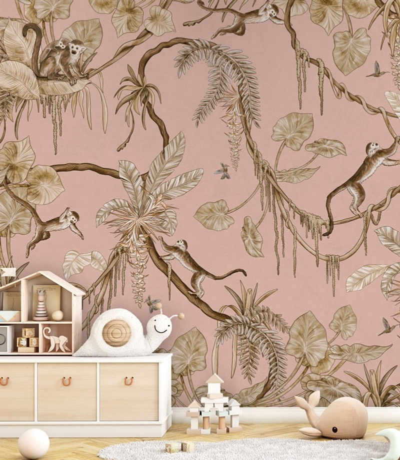 Mural - Playful Monkeys Vintage Pink (Per Sqm)