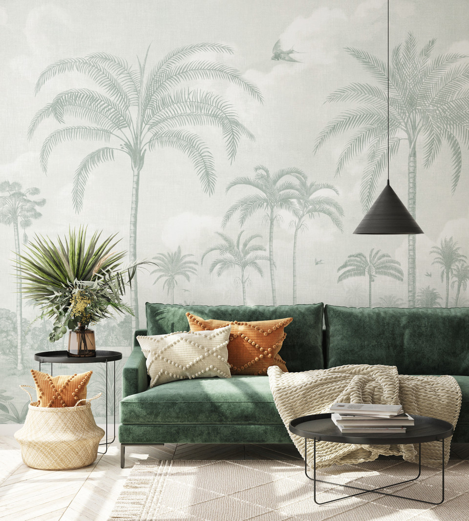 Sage Green Jungle Palm Tree Tropical Wallpaper Mural | Non Woven or Vinyl