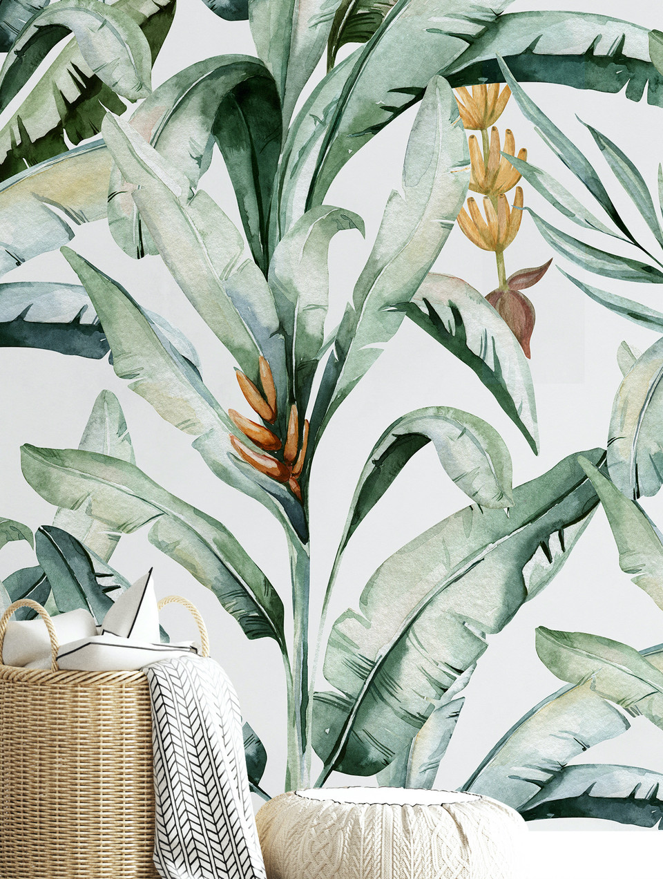 Banana Palm Leaf Tropical Green and White Wallpaper Mural