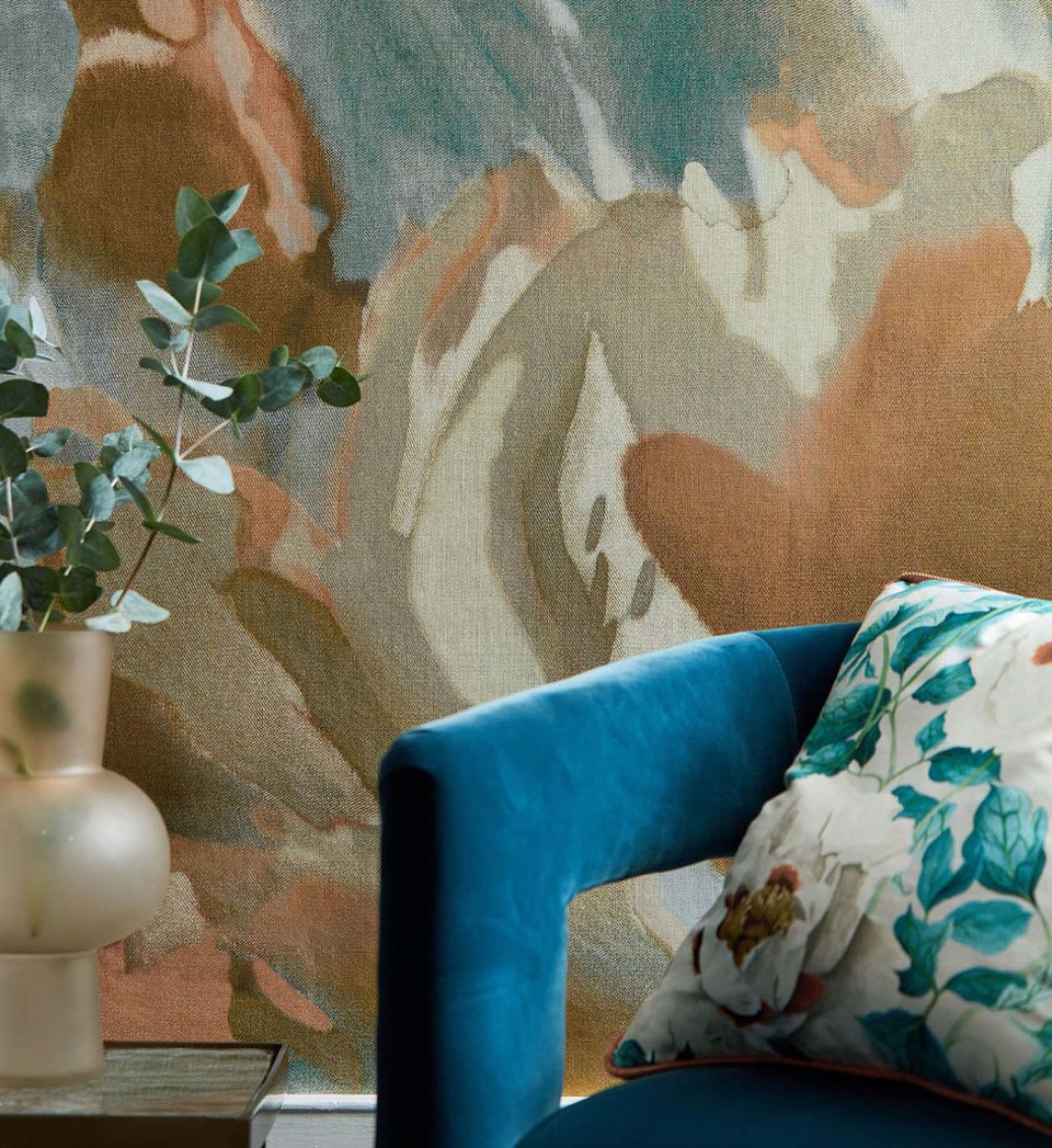 Watercolour Effect Abstract Leaves Terracotta Blue Vinyl Wallpaper