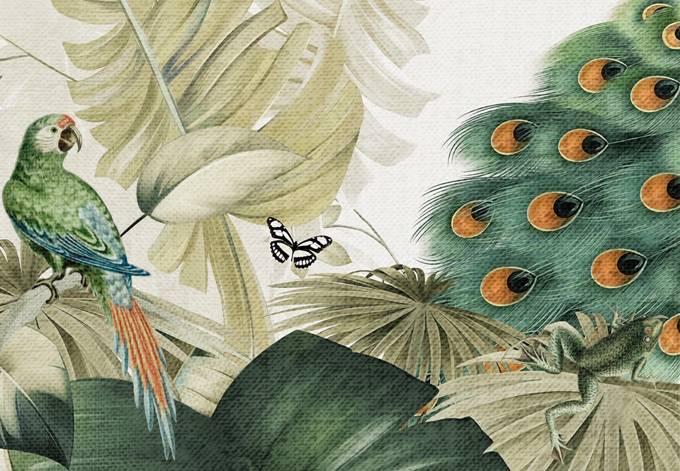 Tropical Paradise Peacocks and Birds Wallpaper Mural