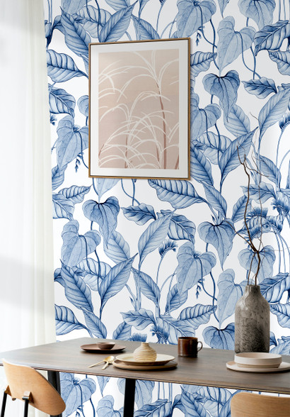 Watercolour Tropical Print Wallpaper Mural | Lush Leaf Wall Blue and White