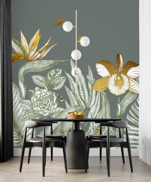 Sage Green and Gold Tropical Plants and Flowers Wallpaper Mural
