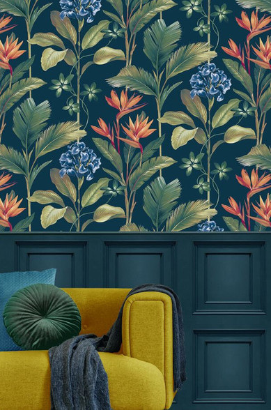 Birds Of Paradise Tropical Foliage Navy Blue Wallpaper Australia 8487