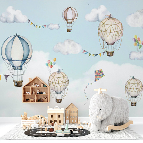 Hot Air Balloon Wallpaper Mural with Blue Clouds in Watercolour