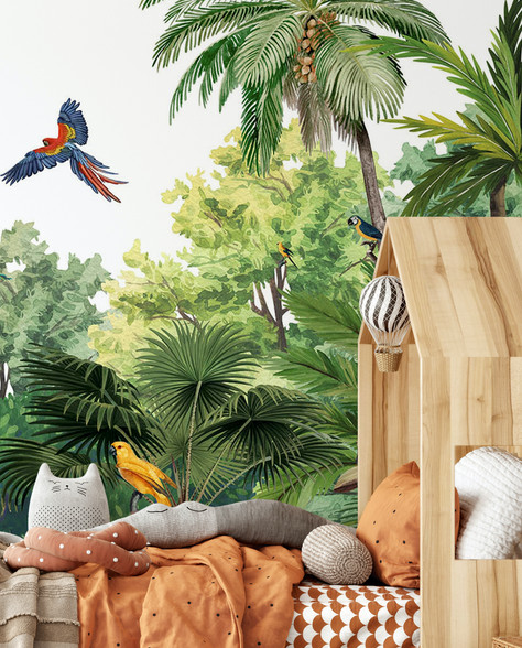 Tropical Jungle Birds Trees Green Wallpaper Wall Mural