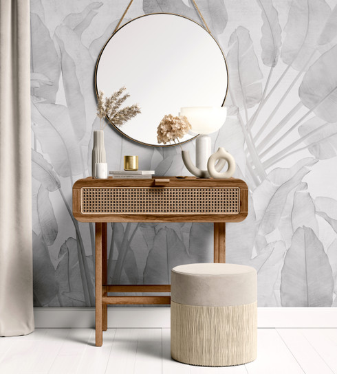 Soft Grey and White Tropical Palm Leaves Wallpaper Mural