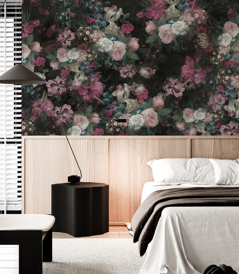 Distressed Moody Floral Black and Pink Wallpaper Mural | Bloomery Decor