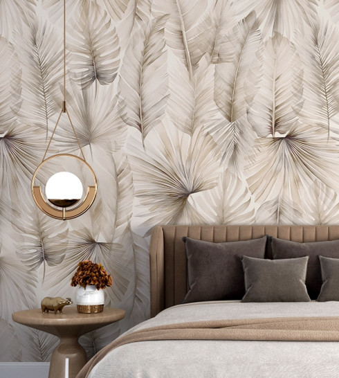 Sandy Beige and Grey Tropical Foliage Palm Leaves Wallpaper Mural