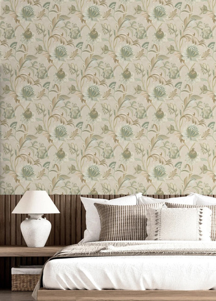 Modern Painterly Floral Trail Neutral Beige Green Vinyl Wallpaper | Cecilia