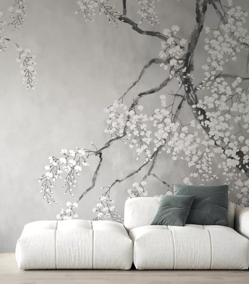 Grey Large Scale Blossoming Wisteria Tree Wallpaper Mural