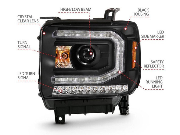ANZO Plank Style Projector Headlights, Black With Clear W/ Sequential Amber Signals :: 2016-2018 GMC Sierra 1500