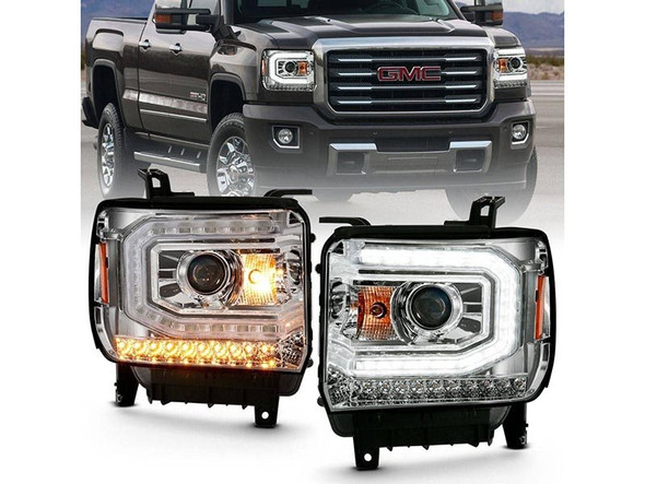 ANZO Plank Style Projector Headlights, Chrome With Clear W/ Sequential Amber Signals :: 2016-2018 GMC Sierra 1500