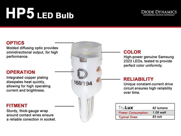 Diode Dynamics HP5 194 Cool White LED Backup Bulbs, Pair :: 2014, 2015, 2016, 2017, 2018, 2019, 2020, 2021, 2022, 2023 Silverado 1500