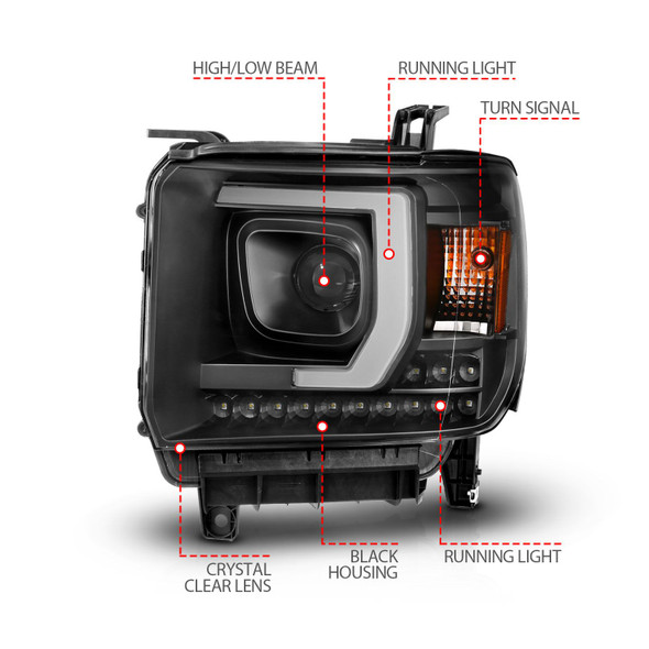ANZO Projector Headlights, Black Housing/Clear Lens :: 2014-2015 GMC Sierra 1500