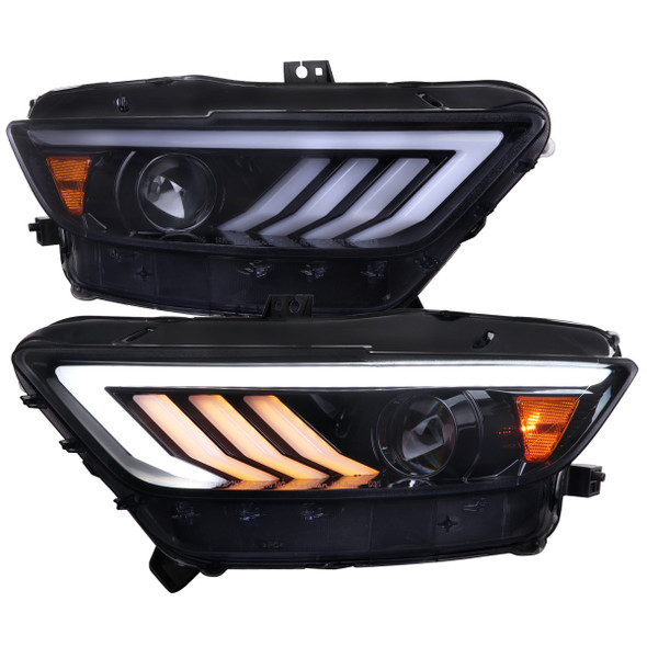 S550 Mustang HID Projector Headlights w/ Switchback Sequential Turn Signals, Gloss Black Housing w/ Smoked Lens :: 2015-2022 Ford Mustang w/ HID Headlights